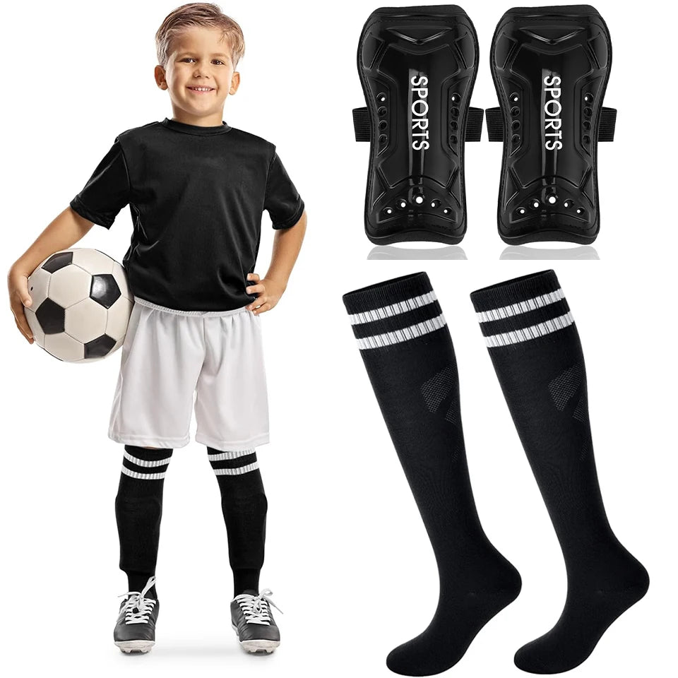 Loogdeel 2Pair Boys Girls Football Shin Protection Board Sports Sock Set Kids Soccer Over Knee Socks Legging Support Guard Child