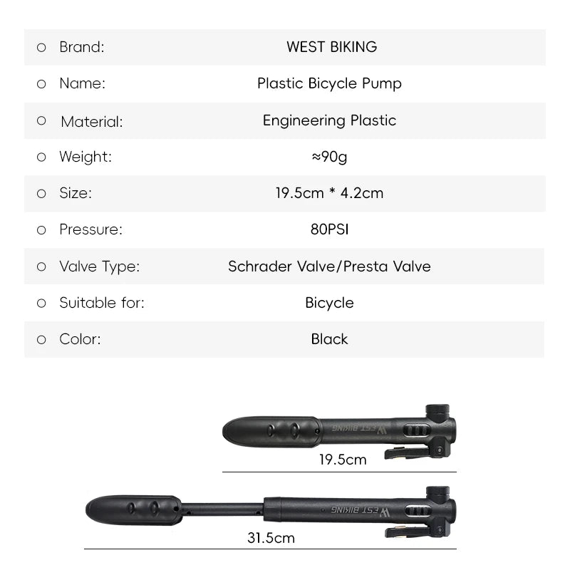 WEST BIKING Portable Mini Bike Pump Cycling Hand Air Pump High Pressure MTB Road Bicycle Tire Inflator for Schrader Presta Valve