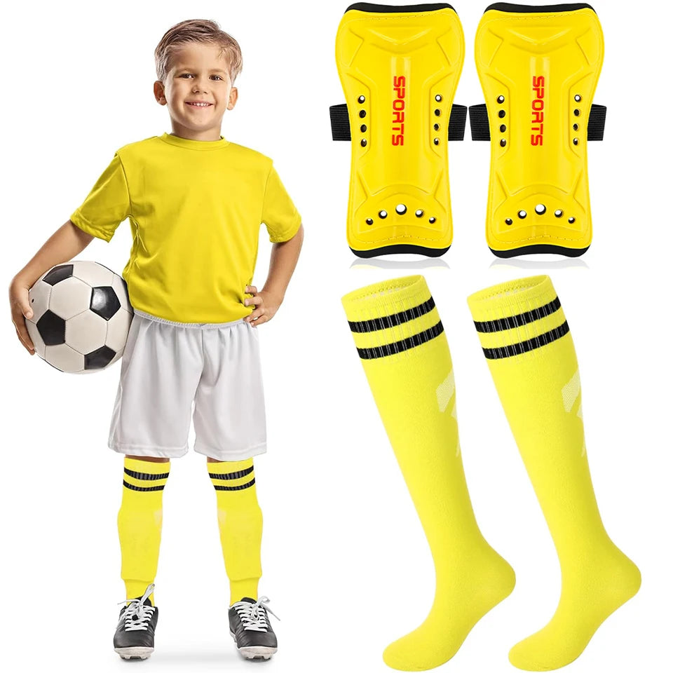 Loogdeel 2Pair Boys Girls Football Shin Protection Board Sports Sock Set Kids Soccer Over Knee Socks Legging Support Guard Child