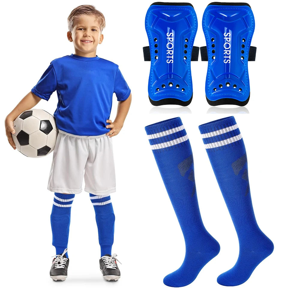 Loogdeel 2Pair Boys Girls Football Shin Protection Board Sports Sock Set Kids Soccer Over Knee Socks Legging Support Guard Child