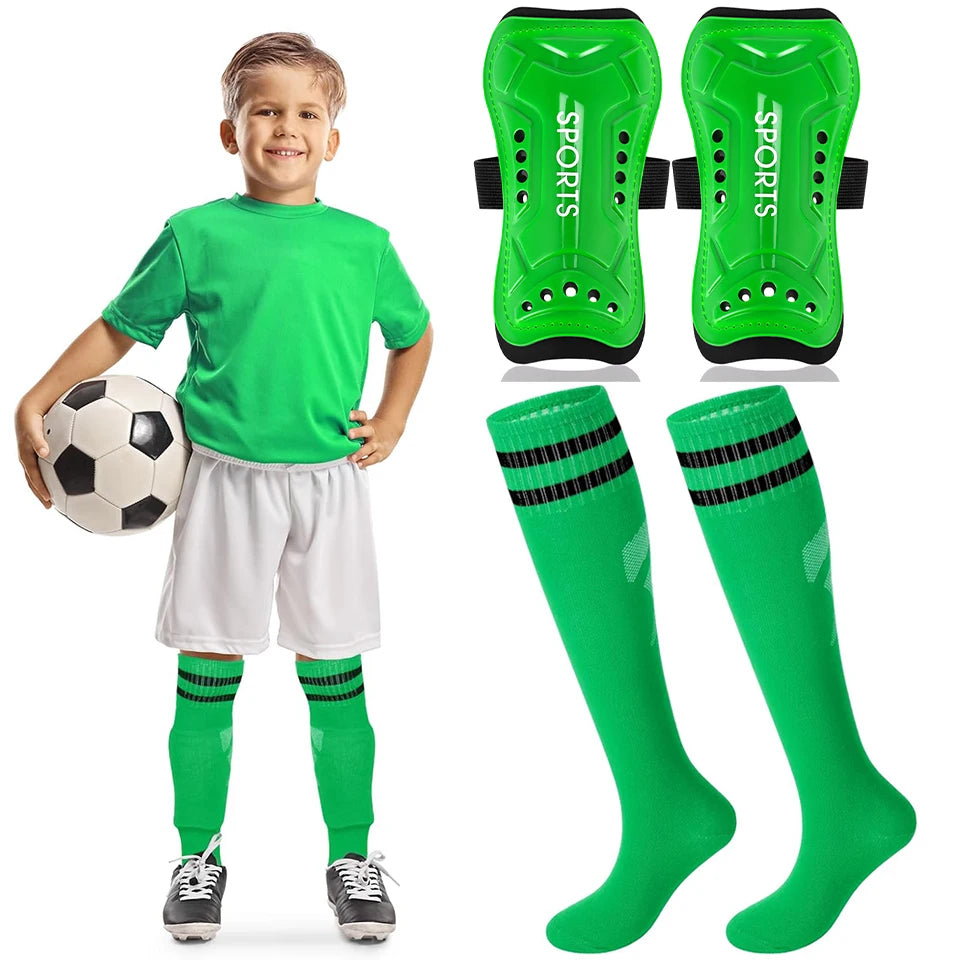 Loogdeel 2Pair Boys Girls Football Shin Protection Board Sports Sock Set Kids Soccer Over Knee Socks Legging Support Guard Child