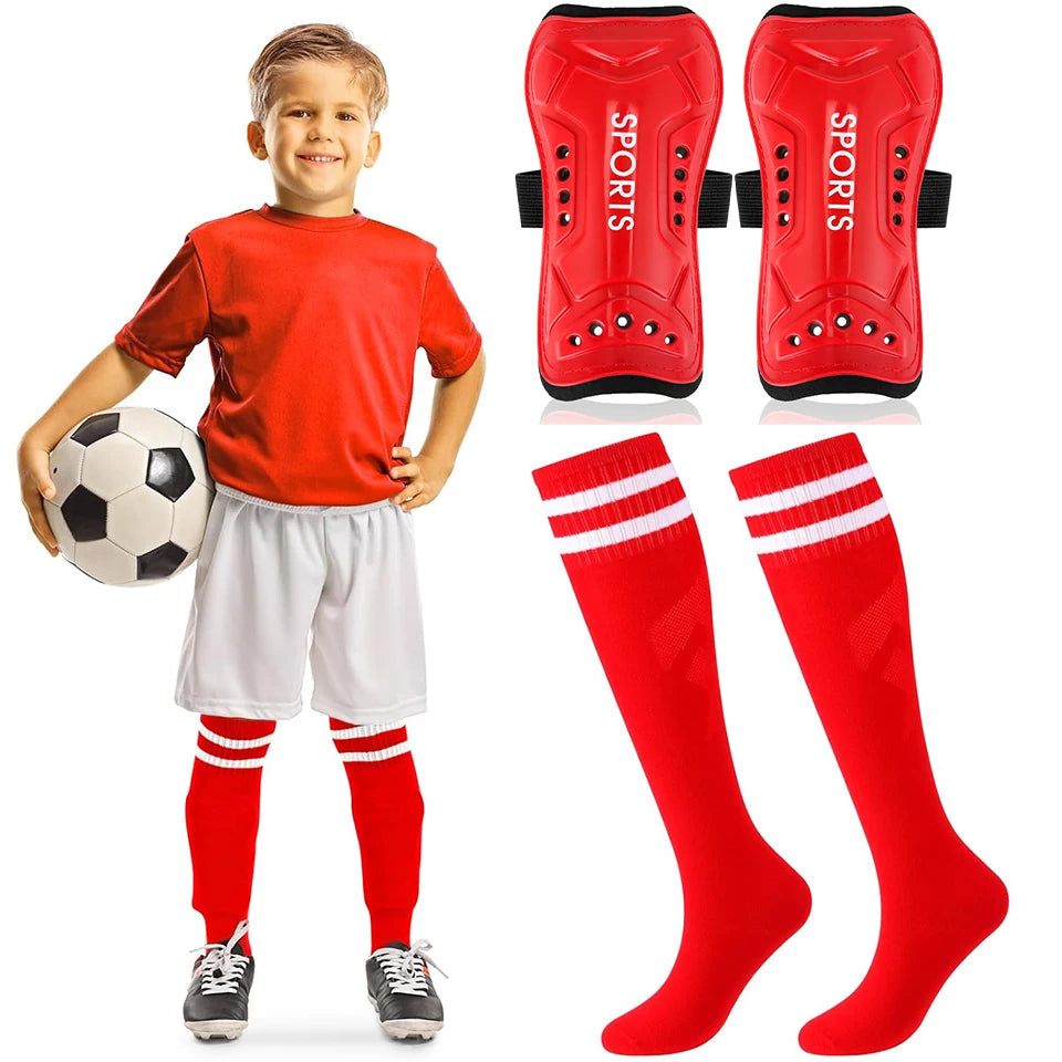 Loogdeel 2Pair Boys Girls Football Shin Protection Board Sports Sock Set Kids Soccer Over Knee Socks Legging Support Guard Child