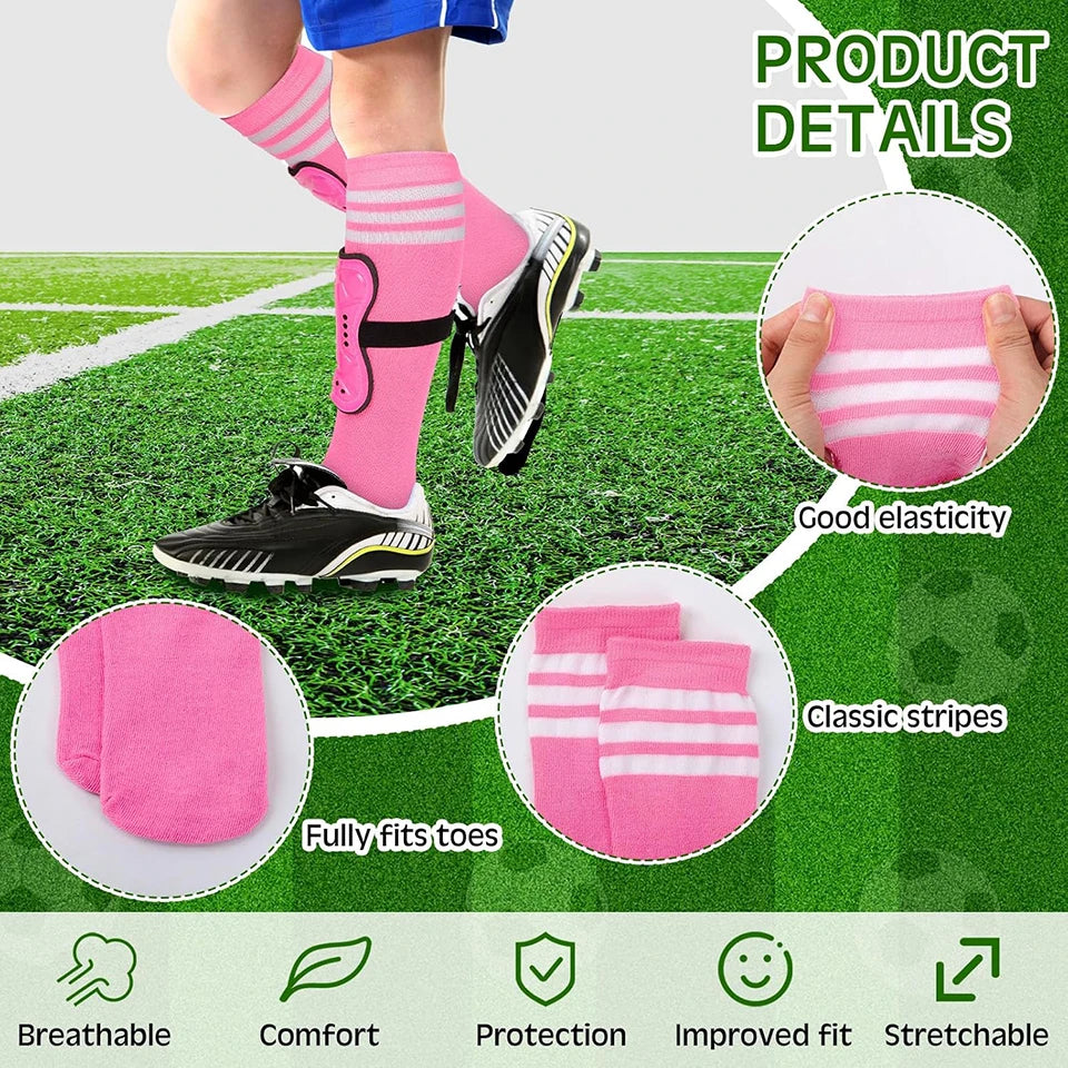 Loogdeel 2Pair Boys Girls Football Shin Protection Board Sports Sock Set Kids Soccer Over Knee Socks Legging Support Guard Child