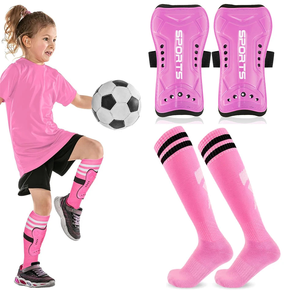 Loogdeel 2Pair Boys Girls Football Shin Protection Board Sports Sock Set Kids Soccer Over Knee Socks Legging Support Guard Child