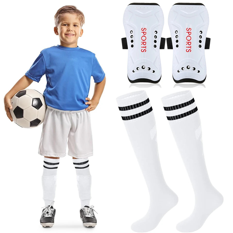 Loogdeel 2Pair Boys Girls Football Shin Protection Board Sports Sock Set Kids Soccer Over Knee Socks Legging Support Guard Child