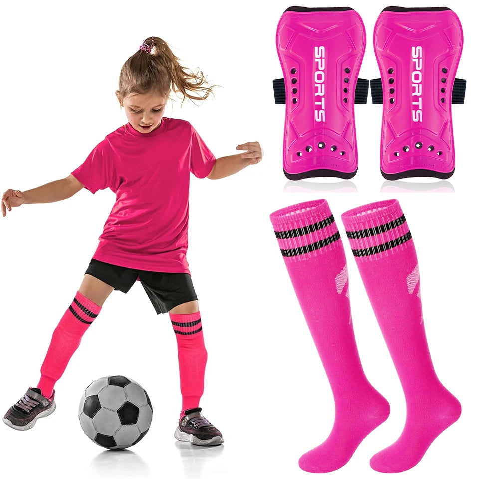Loogdeel 2Pair Boys Girls Football Shin Protection Board Sports Sock Set Kids Soccer Over Knee Socks Legging Support Guard Child