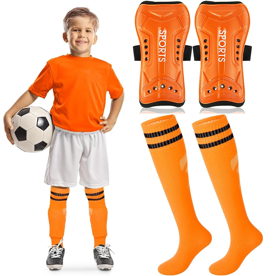 Loogdeel 2Pair Boys Girls Football Shin Protection Board Sports Sock Set Kids Soccer Over Knee Socks Legging Support Guard Child