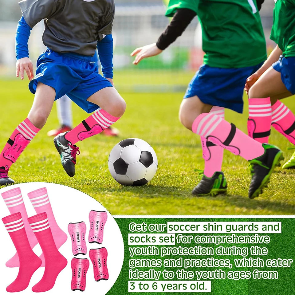 Loogdeel 2Pair Boys Girls Football Shin Protection Board Sports Sock Set Kids Soccer Over Knee Socks Legging Support Guard Child